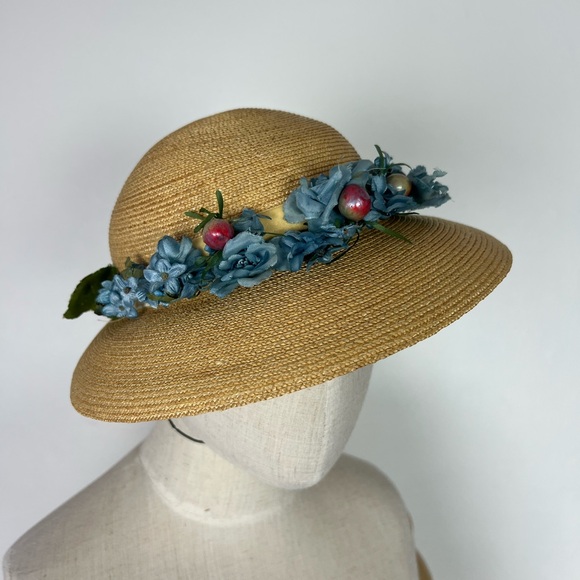 BLUE FLORAL 50’s 50s Cherries Berries & Pearls Vintage Straw Brimmed Sunhat Hat - Picture 16 of 16